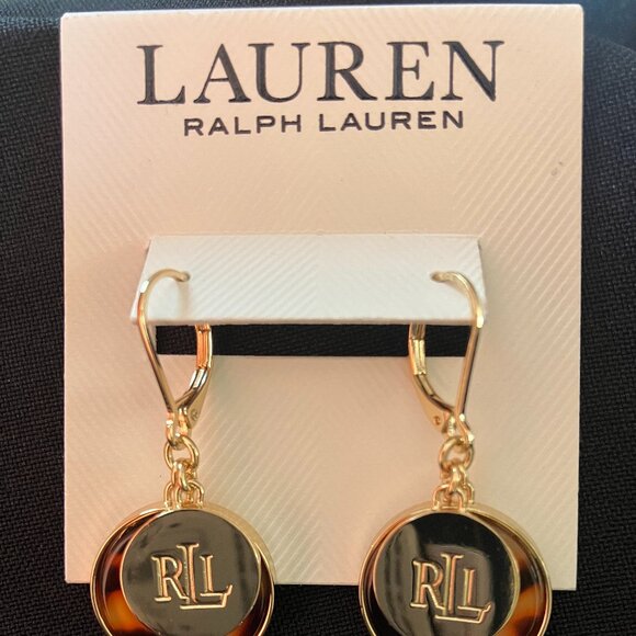Lauren by Ralph Lauren Tortoise Round with Logo Charm Drop Earrings - Picture 2 of 5